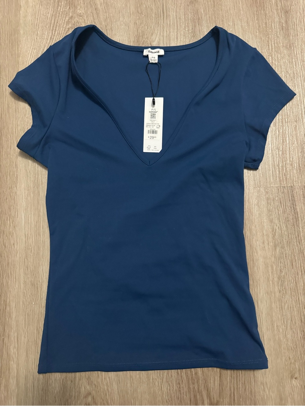 Garage Women's Deep V-Neck Short Sleeve Top in Navy